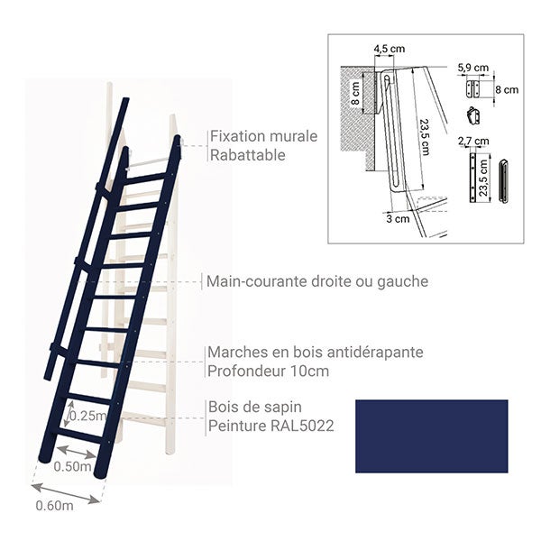 Escalier de meunier: 55cm de large - Hauteur à franchir 3m - Couleur : Bleu Nuit (RAL 5022) - MSP/R5022 - 3