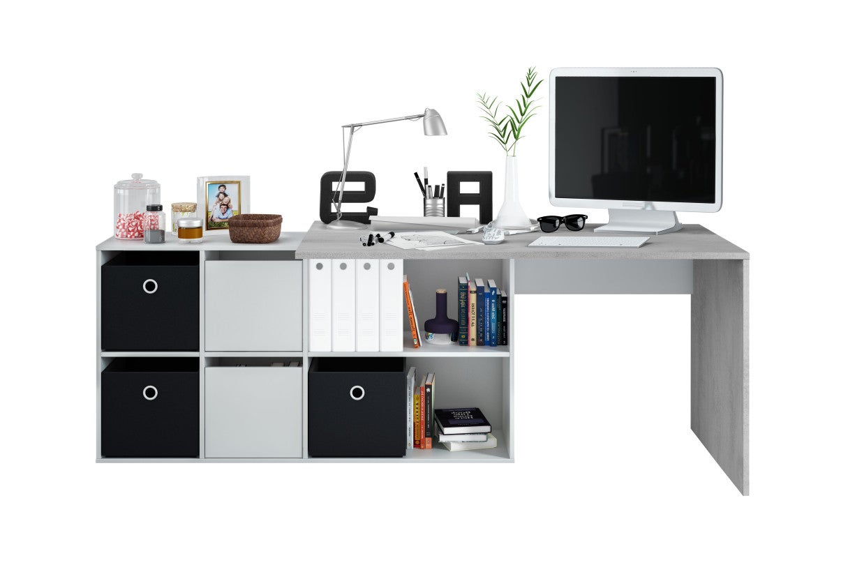 Bureau MARION avec caissons multipositions - Blanc / Béton - 8