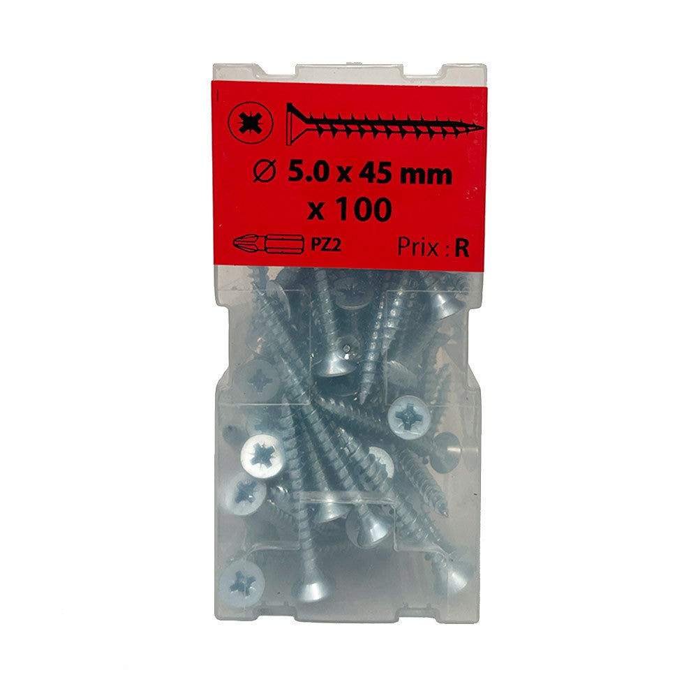 Boite 100 vis agglo 5 x 45mm tête fraisée pozidriv filetage | Leroy Merlin