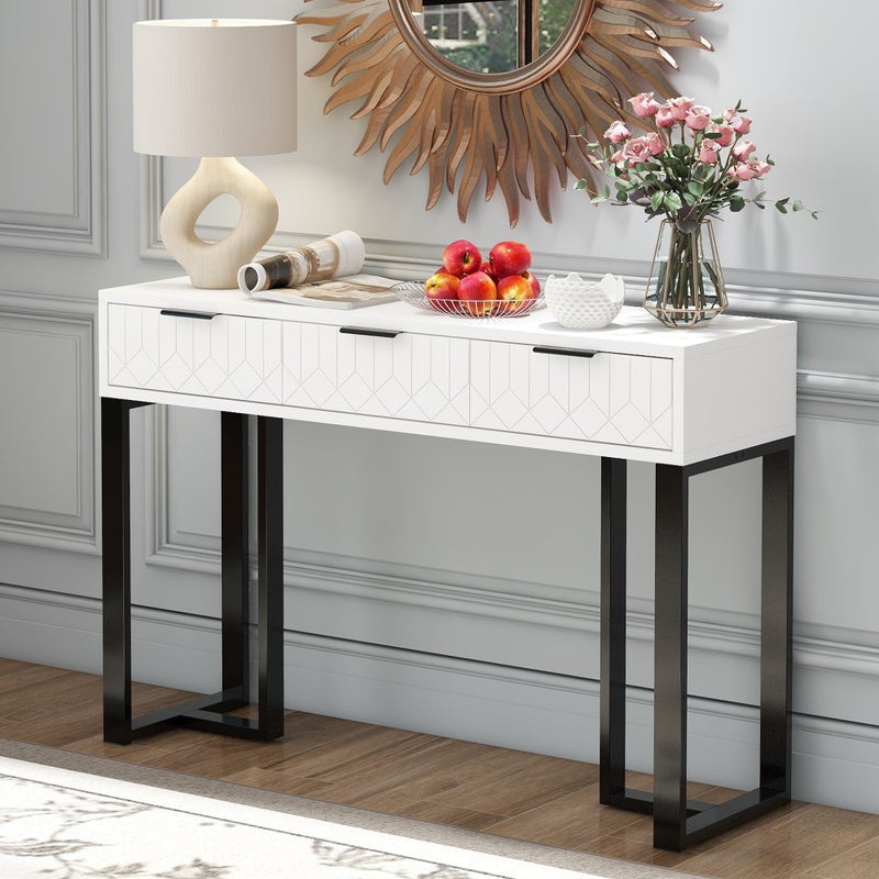 Nowoczesny stolik konsolowy z 3 szufladami - 120 x 36 x 80 cm - MDF - do salonu, przedpokoju - biały + czarny