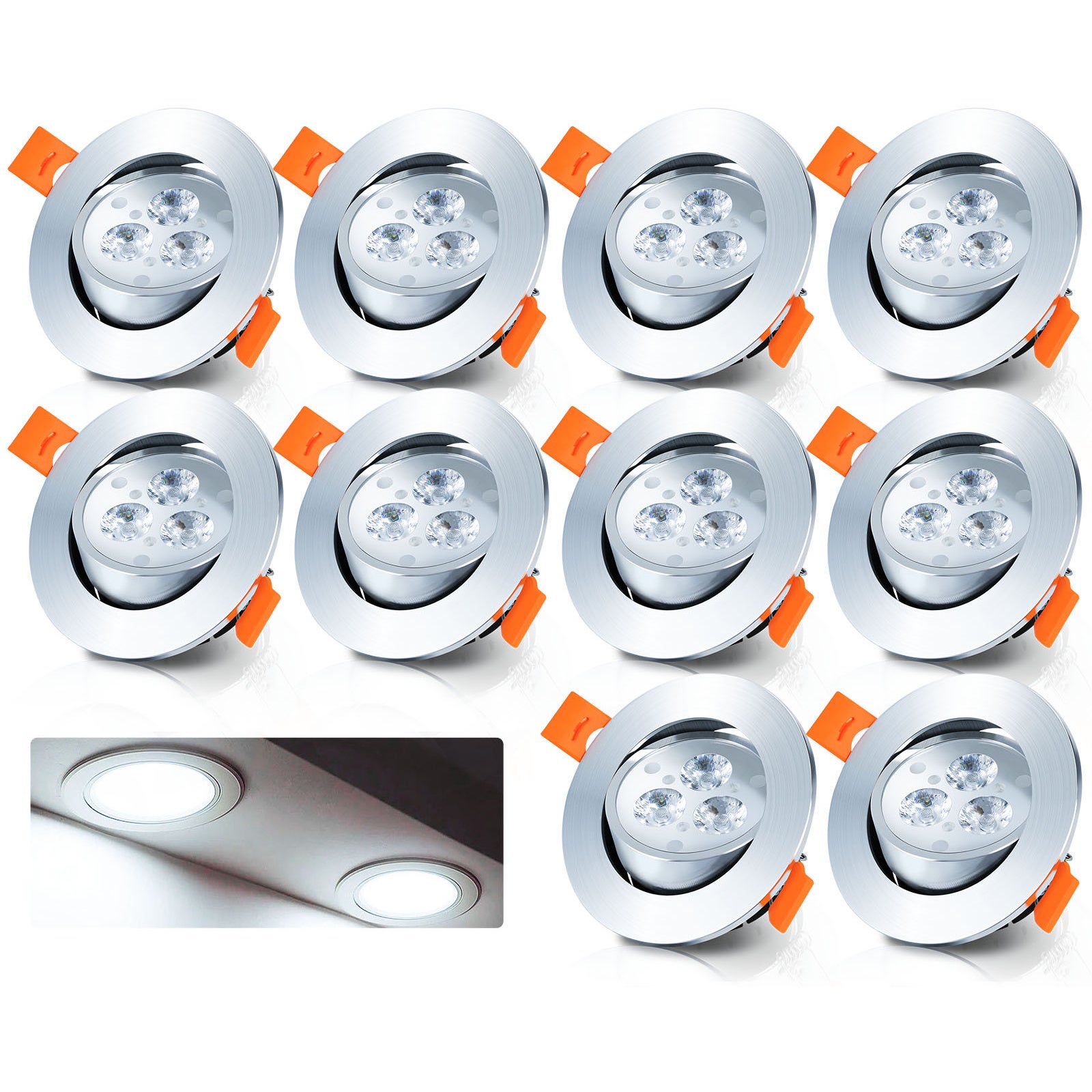 Zestaw 10 regulowanych wpuszczanych reflektorków LED 3W 6500K zimna biel 81mm salon biuro biblioteka korytarz