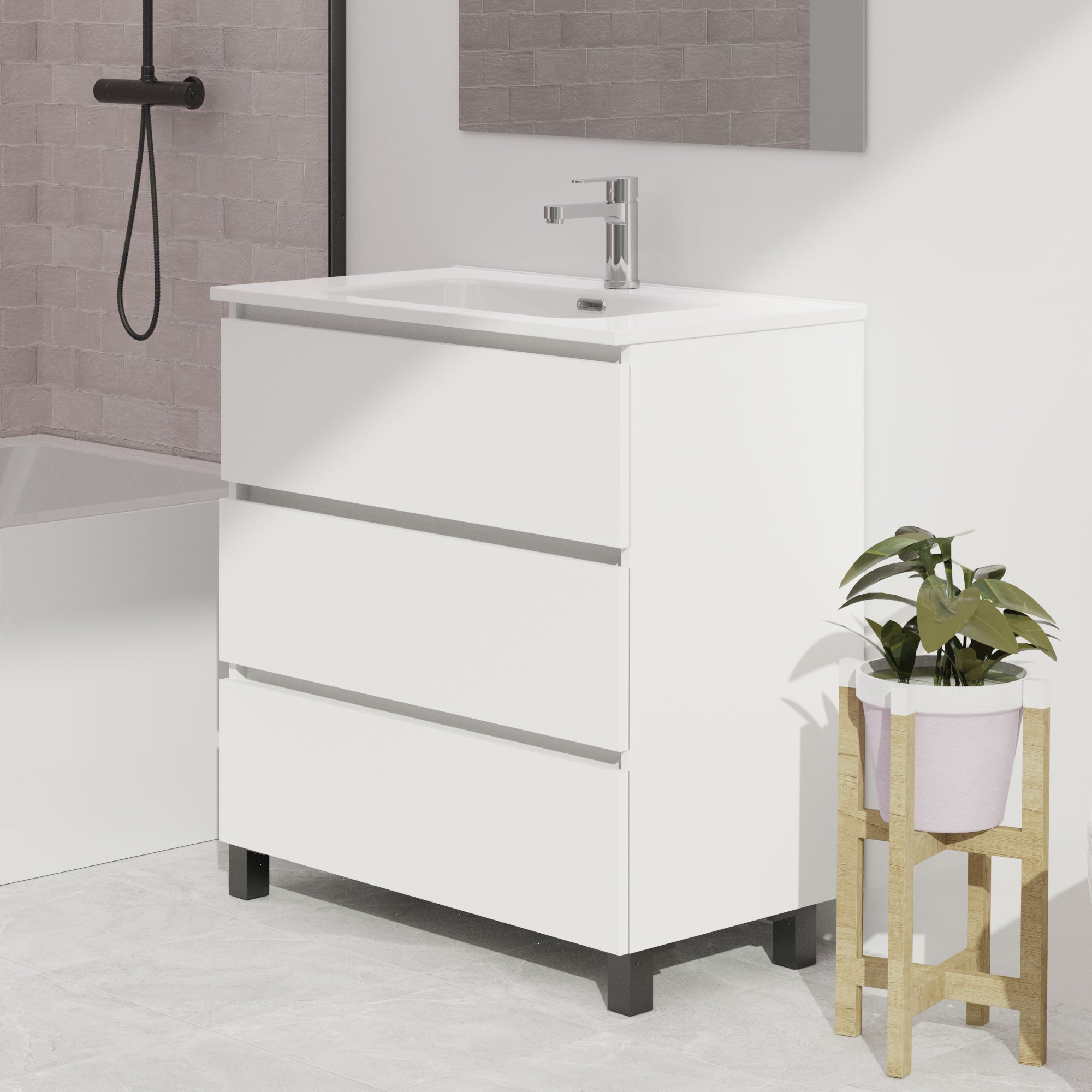 ENSEMBLE DE SALLE DE BAIN WINK | 90 CM BLANC | TROIS TIROIRS | LAVABO ENCASTRÉ | N'INCLUT PAS LE MIROIR | MEUBLE ASSEMBLÉ | ALDAY - 2