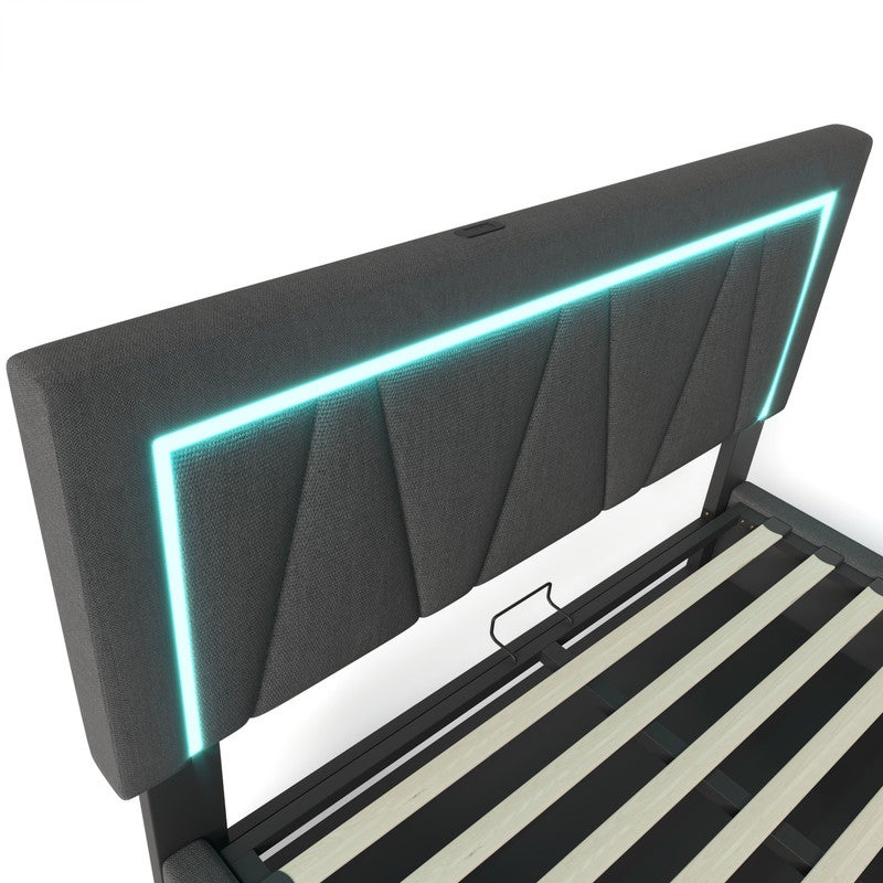Łóżko tapicerowane z pojemnikiem 160x200 cm z diodami LED oraz portami ładowania USB i typu C - Tkanina lniana - Stelaż z listew - Szary - 6