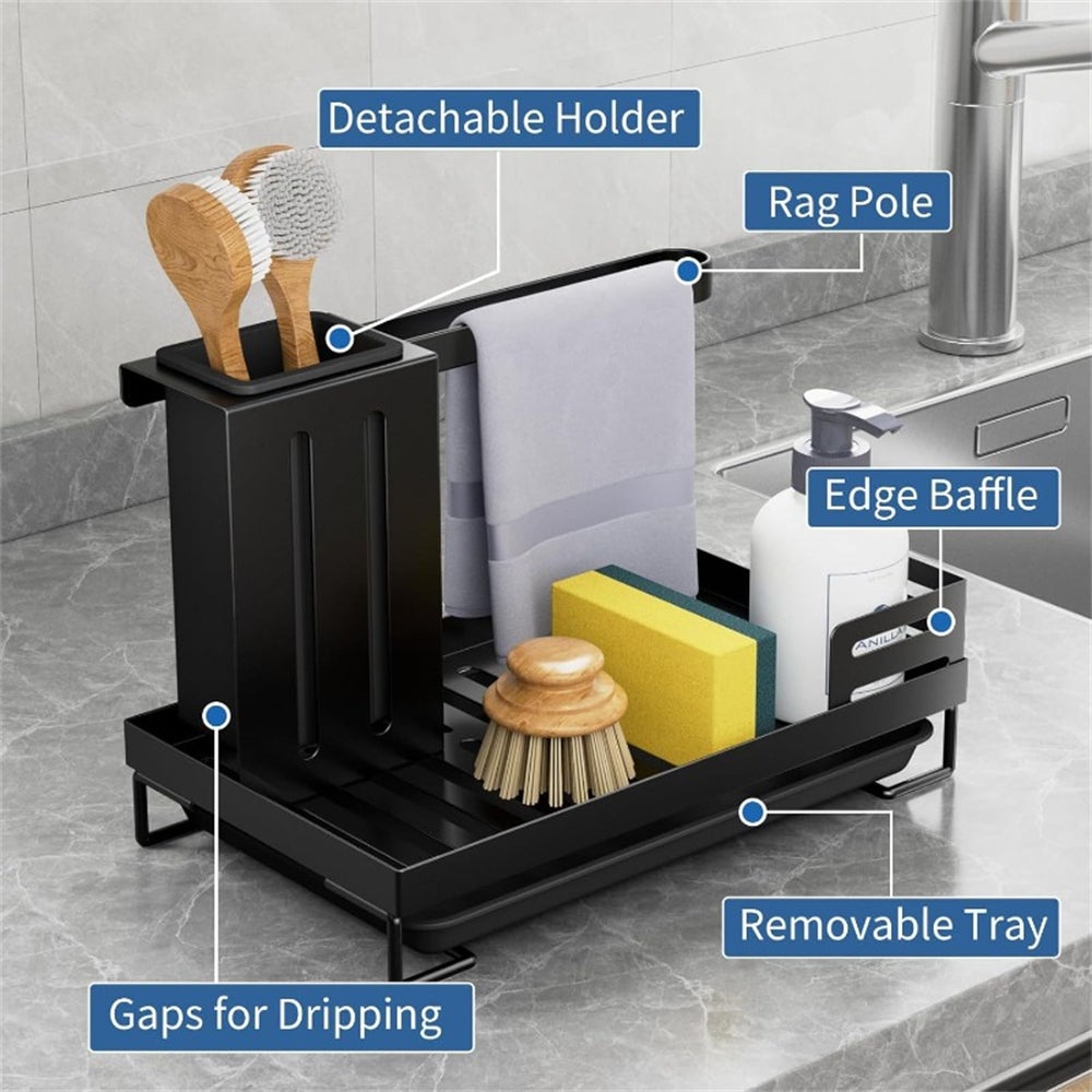 Portaoggetti per cucina e bagno con vaschetta di scarico – scolapiatti multifunzionale con porta spugna e porta scopino - 2