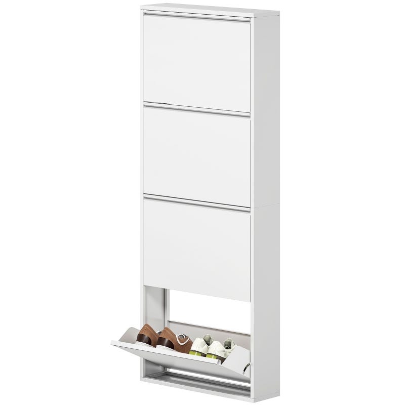 Armoire à Chaussures Étroite 2 Abattants – Meuble Gain De Place 80x24x113,5 Cm, Bois & 4 Étagères Ouvertes