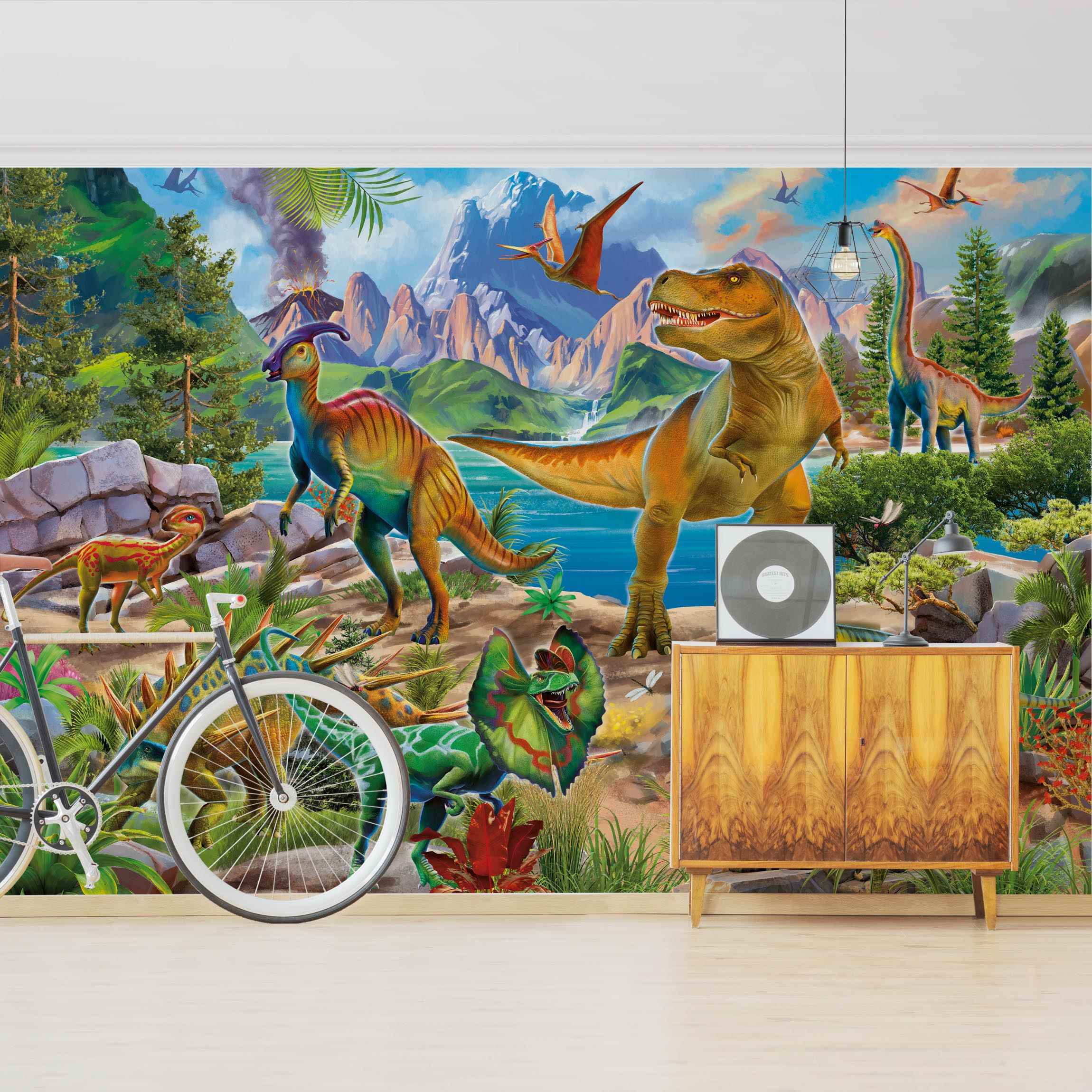Papel pintado fotomural ilustración dinosaurios tiranosaurio animales 299 - habitación infantil niño - tnt 480 x 320 cm adhesivo