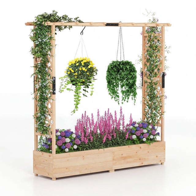 Jardinière Surélevée avec Treillis et Toit Suspendu, Jardinière Exterieur Grande Taille en Bois avec Trou Drainage pour Plante Grimpante, Naturel
