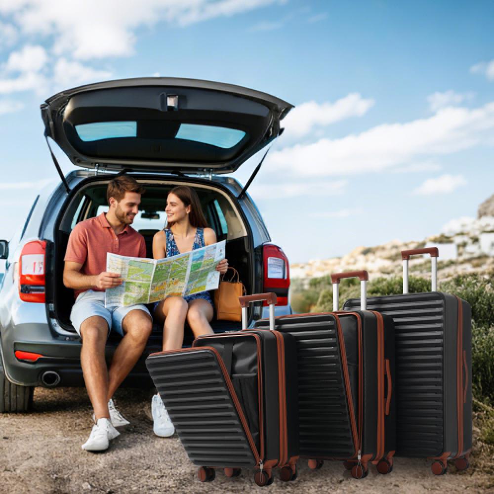 Juego de 3 maletas abs con apertura frontal, portavasos plegable, cerradura tsa y ruedas 360° m-l-xl