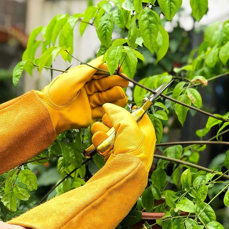 (Jaune M)Gants de Jardinage en Cuir Respirant pour Homme et Femme avec Gant Anti-épine, Manches Longues en Cuir de Vache pour Jardinier et Fermier - 3