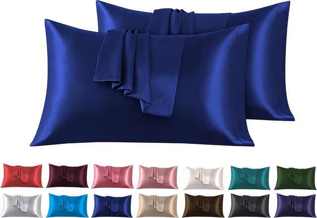 Taie d'oreiller en satin, 40 x 60 cm, lot de deux, taie d'oreiller en satin bleu foncé, douce et agréable pour la peau.