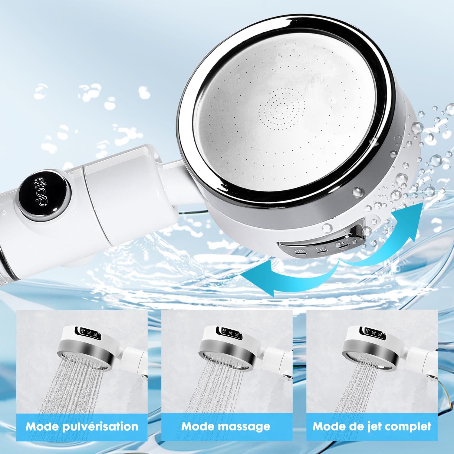 Pommeau De Douche Haute Pression 3 Modes – Avec Arrêt D’Eau – Design Carré Chromé KFSC001