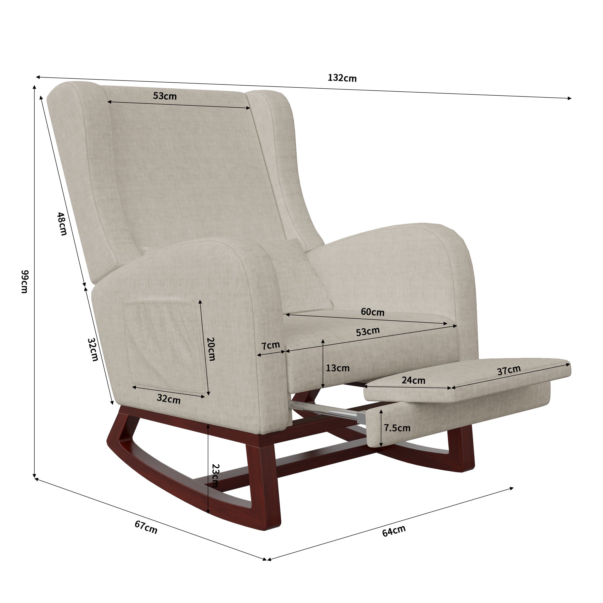 Fauteuil à bascule, avec Repose-jambes télescopique, 2 poches, Oreiller, accoudoirs, Rocking chair de capitonné en lin - Beige - 2