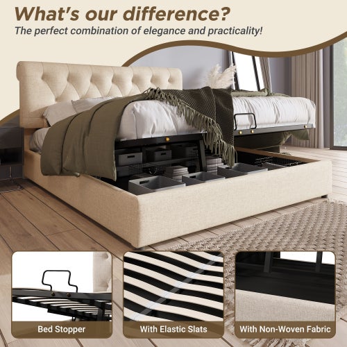 Lit coffre 140x200cm Lit capitonné double avec rangement hydraulique et tête de lit réglable Structure métallique avec sommier - naturel - 8