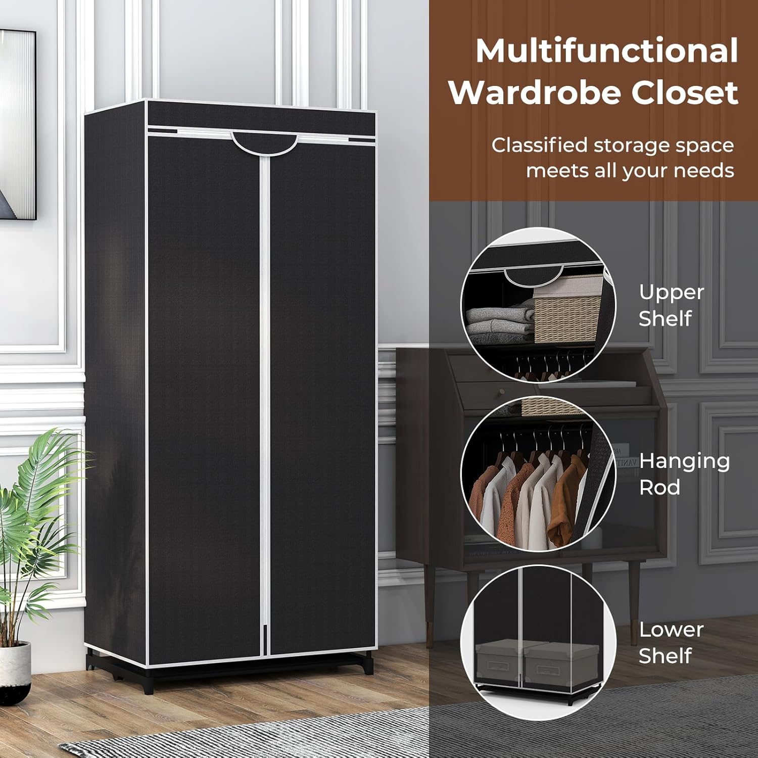 Pendrie en Tissu avec Housse- 74 x 50 x 172CM- 3 Parties d'espace de Stockage-Armoire de Vêtements Imperméable，Noir - 4