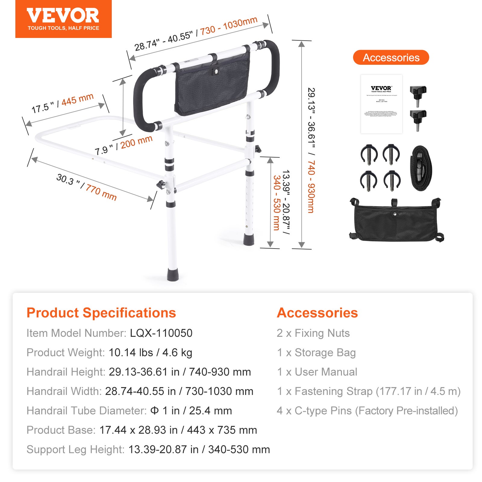 Barrière de Lit VEVOR pour Adultes Personnes Âgées Pliable 180° Rail de Lit d'Assistance Protection Latérale Charge 204kg Poignée Réglable à 4 Niveaux - 7