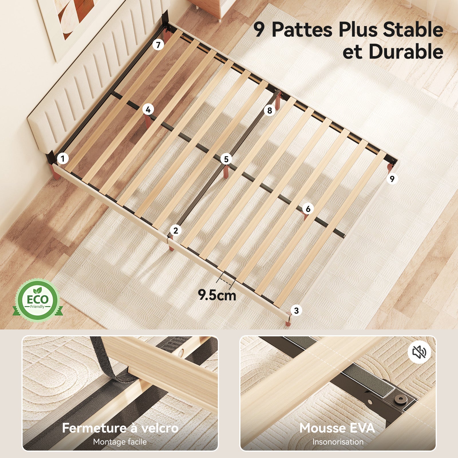 Lit 140x190 cm, Lit double, 480 kg, Rangement 17 cm, bois et métal, Sommier à lattes, métal, Silencieux, Stable, gain de place, tête de lit réglable - 2