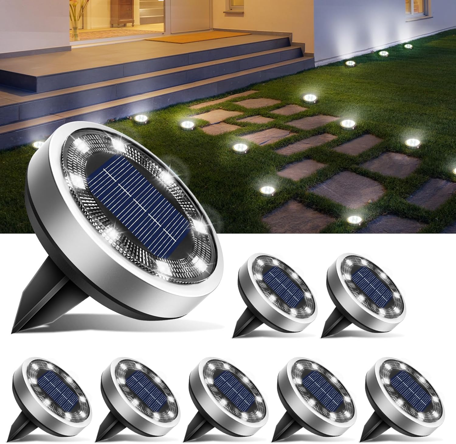 8-pak lamp solarnych do gruntu, solarne lampy ogrodowe LED do użytku na zewnątrz, wodoodporność IP44, białe światło