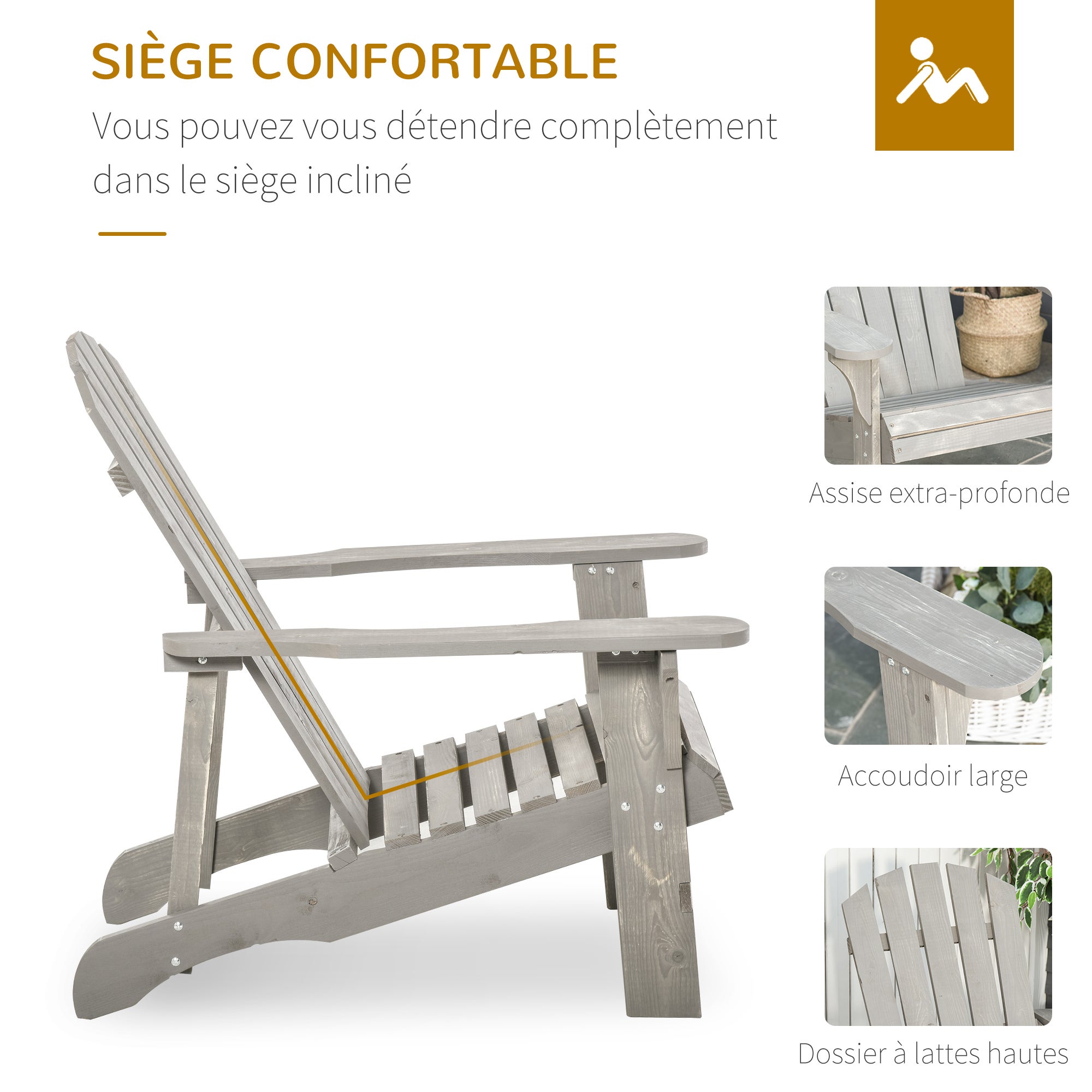 Outsunny - fauteuil de jardin - Bois - 78x89x88cm - Gris - 6