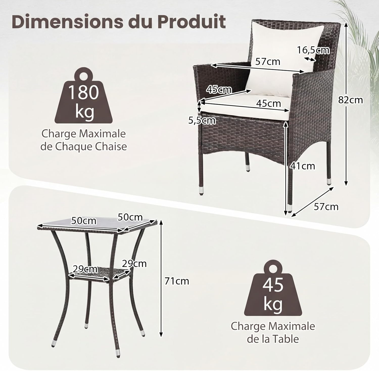 GIANTEX Conjunto Sala Jardim 3 PCS em Vime PE, com 2 Cadeiras Almofadadas Mesa Baixa Vidro Temperado 2 Níveis com Tampa, Marrom+Branco - 5