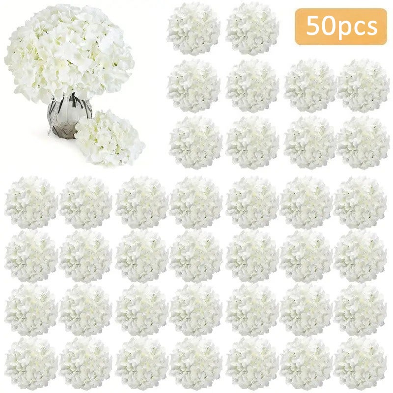 Zestaw 50 sztucznych hortensji w stylu boho do dekoracji DIY, wazonów, baby shower, na wesela, przyjęcia i do ogrodów zewnętrznych, biały