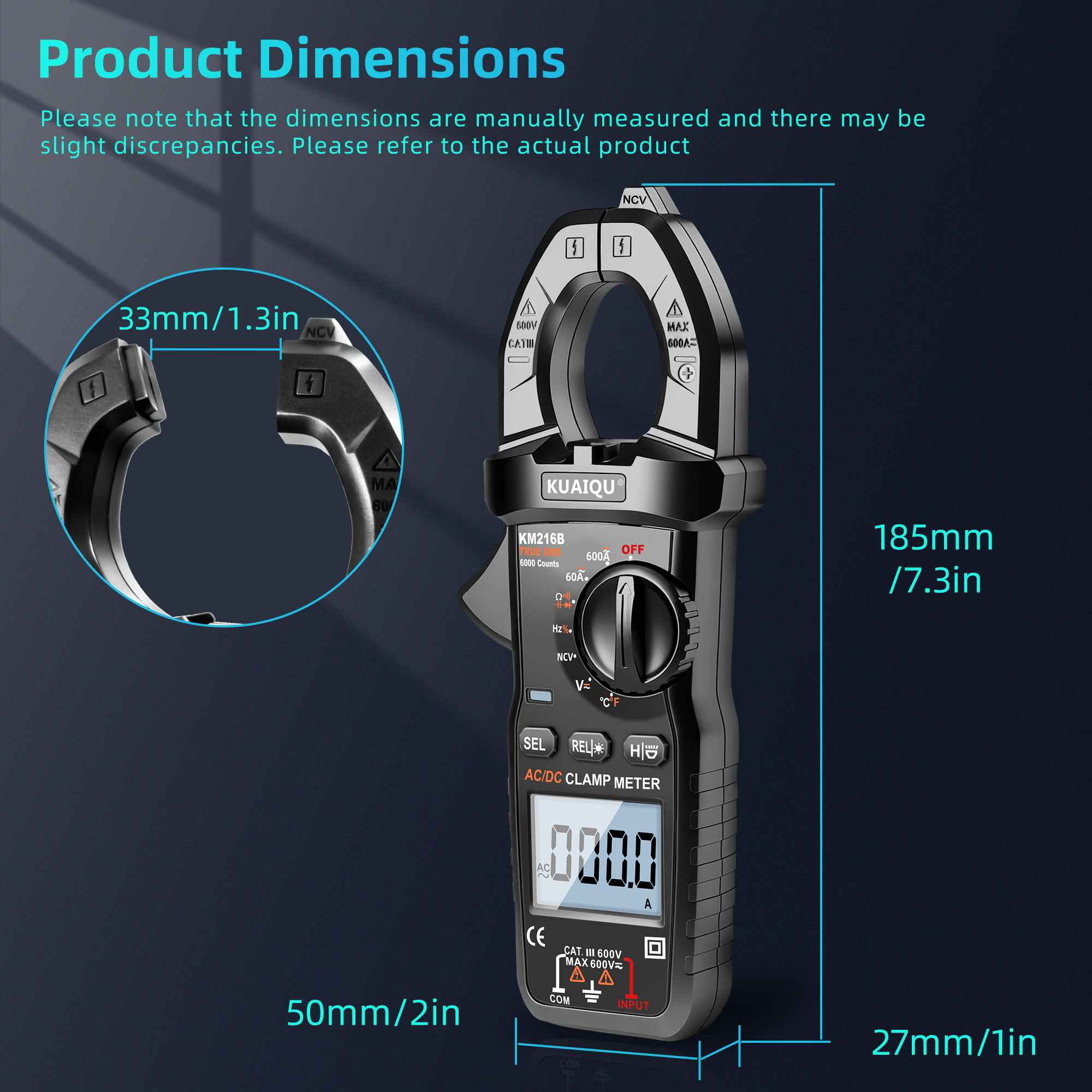 Multimètre pince numérique LED LCD 600A AC/DC NCV sécurité voltmètre test résistance continuité température - 6