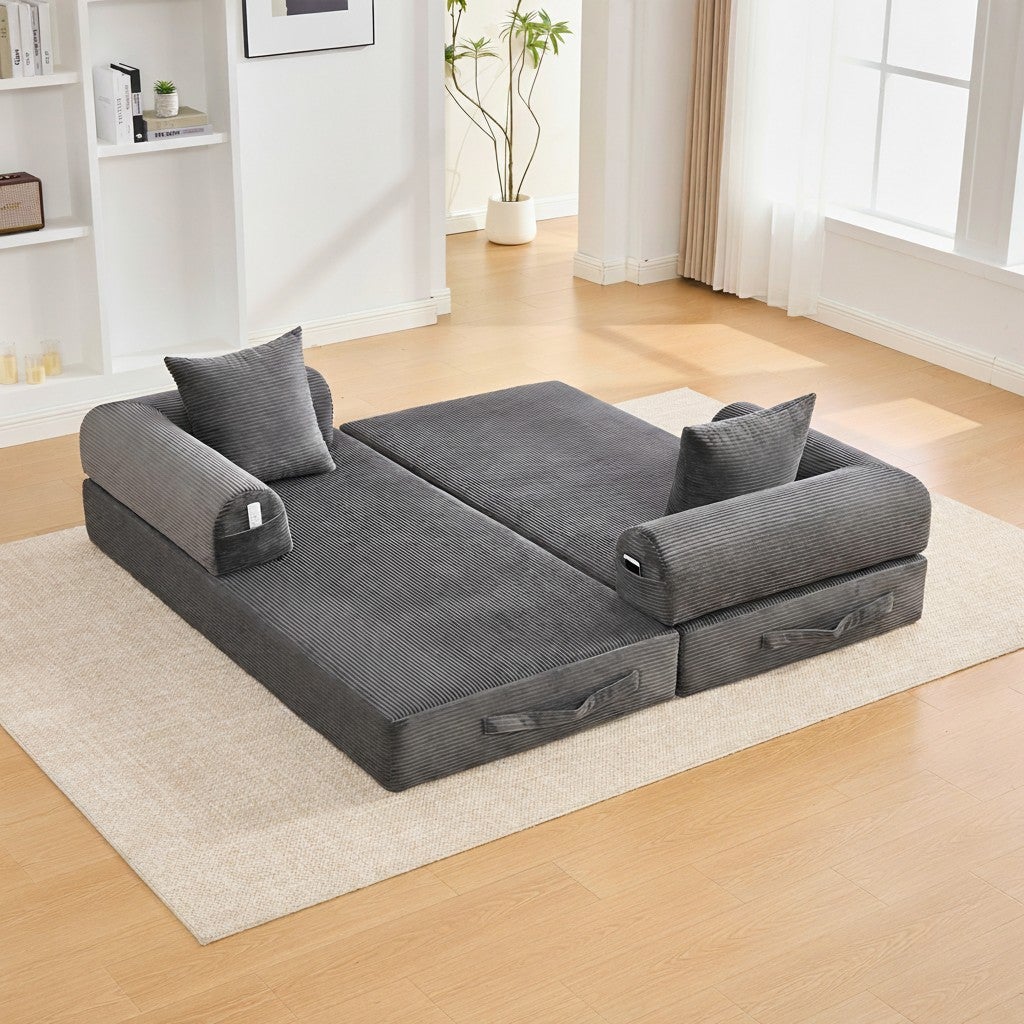 Canapé Modulaire Convertible Velours Côtelé Gris Foncé - Cadre Métal, 3 Coussins. Lit Salon Design Moderne 200cm - 4