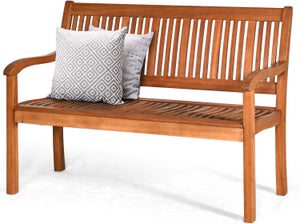 Banc d’Exterieur en Bois d’Eucalyptus, Banc de Jardin Structure Stable avec Dossier en Form d’Arc et Accoudoirs Courbes, Banc Lougue Meuble