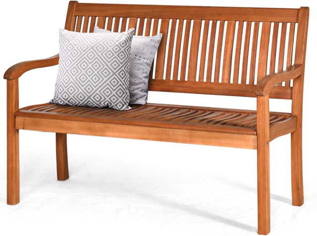 Banc d’Exterieur en Bois d’Eucalyptus, Banc de Jardin Structure Stable avec Dossier en Form d’Arc et Accoudoirs Courbes, Banc Lougue Meuble