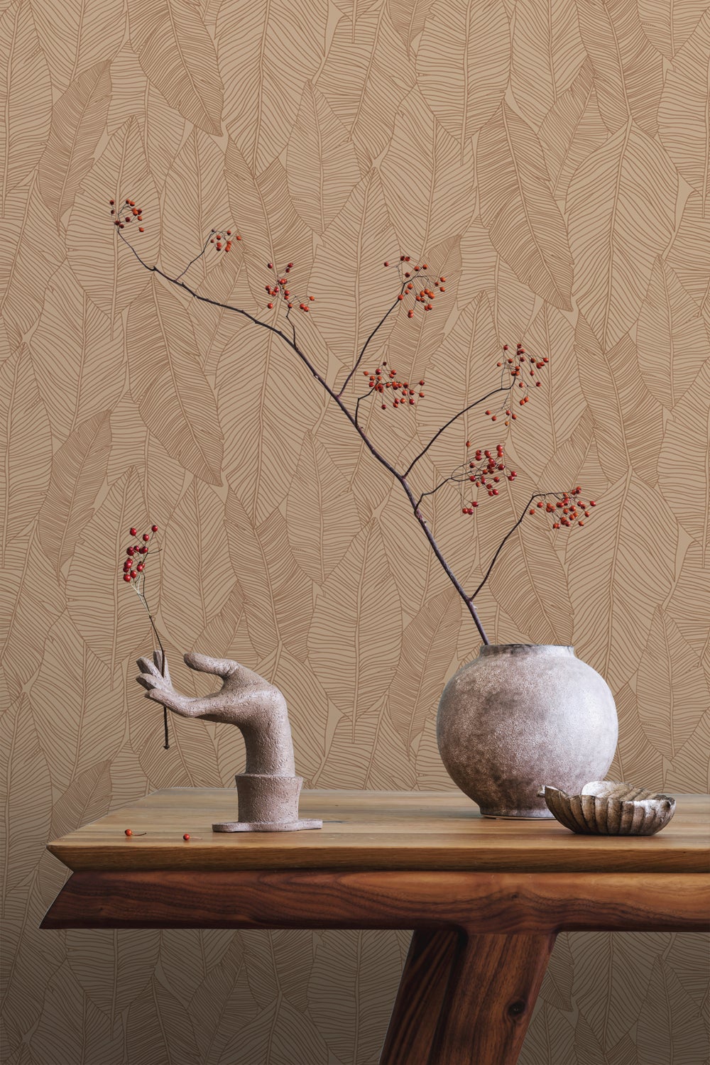 Papier peint feuilles dessinées rose terracotta - 53 cm x 10.05 m - ESTAhome - 2