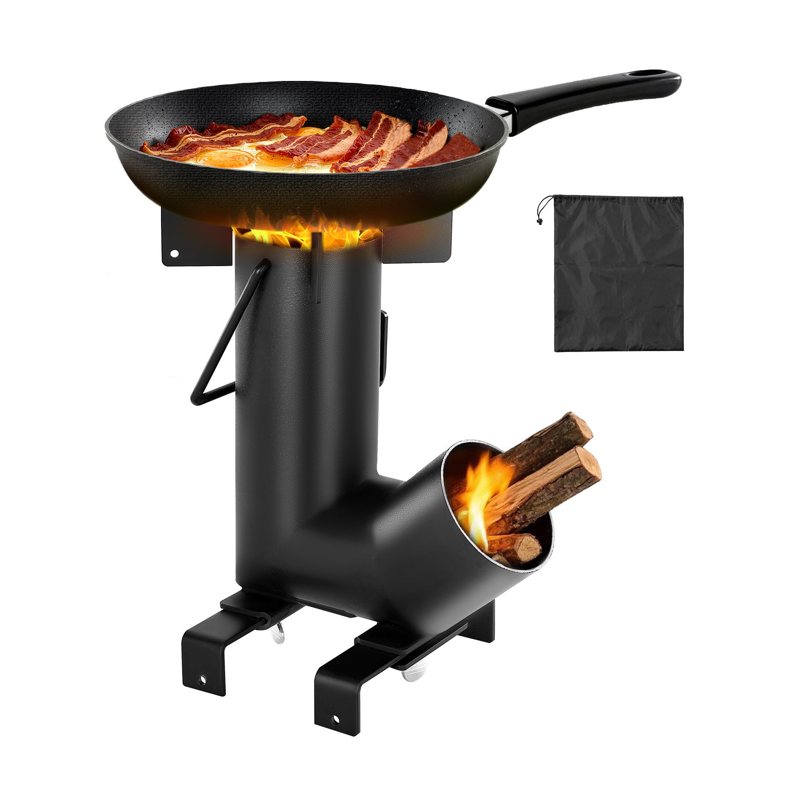 Estufa cohete, VEVOR hornillo de leña portátil acero al carbono con bolsa - Cocina y calefacción exterior para camping, senderismo, jardín - Negro