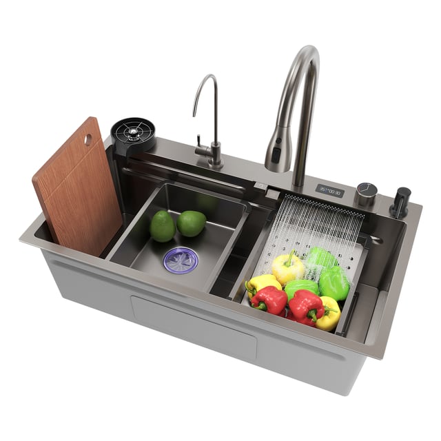 SIRHONA Évier de Cuisine Noir Encastré 80x45cm 1 Bac Robinet 3-en-1 Extractible avec Affichage Température Acier Inox 304 Nano