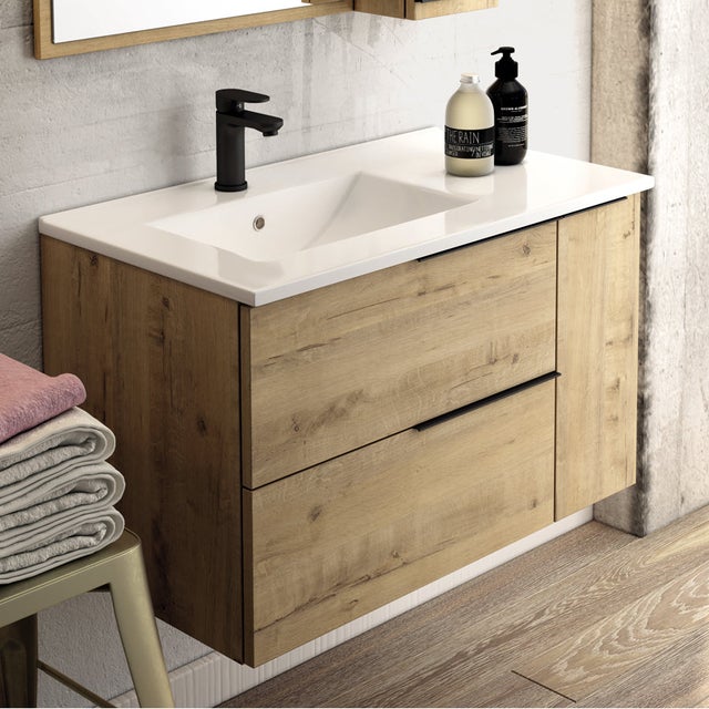 Meuble de salle de bain 80cm vasque déportée - 2 tiroirs - sans miroir - KING - Roble (chêne clair)