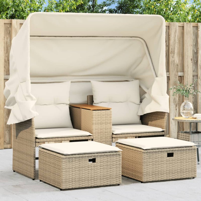 2-os. sofa ogrodowa z zadaszeniem i stołkami, beżowa, rattan PE vidaXL