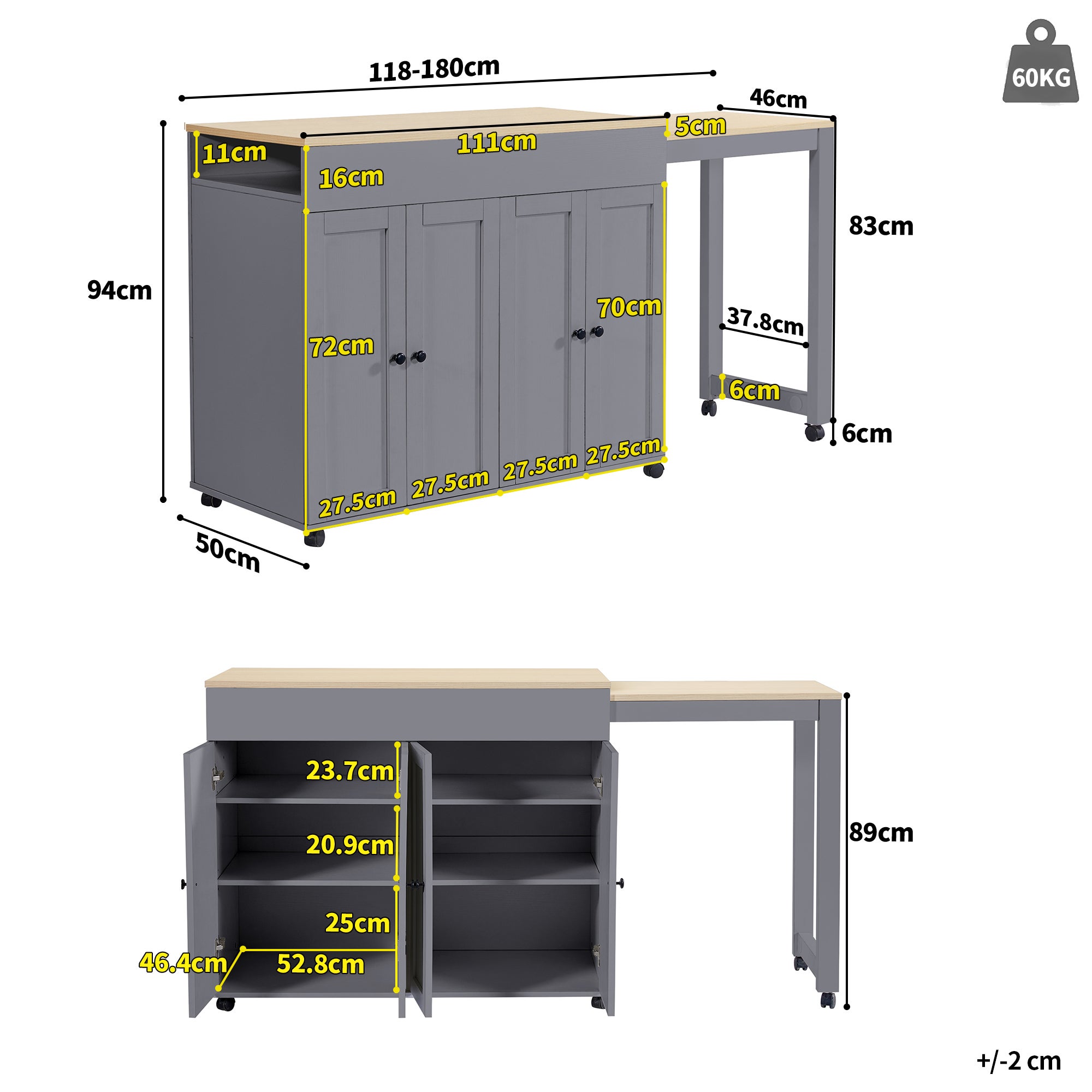 Wyspa kuchenna z rozkładanym stołem jadalnym i 4 drzwiami - 118/180 x 50 x 94 cm - MDF - Szara - 5