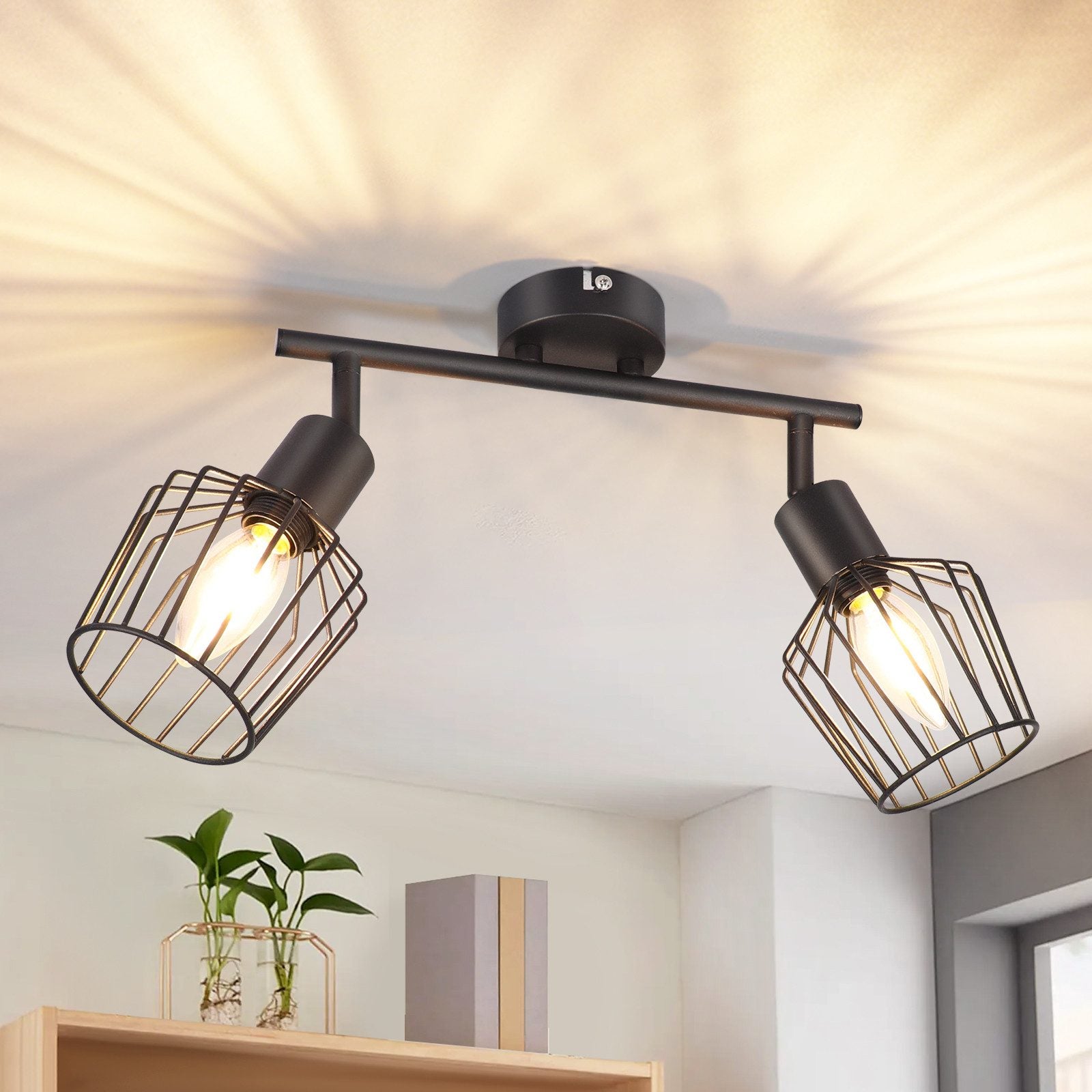 NETTLIFE 2 E14 Reflektoroway sufitowe - metal, przemysłowa lampa do przedpokoju obrotowa 350°, kinkiet do przedpokoju i salonu, czarny