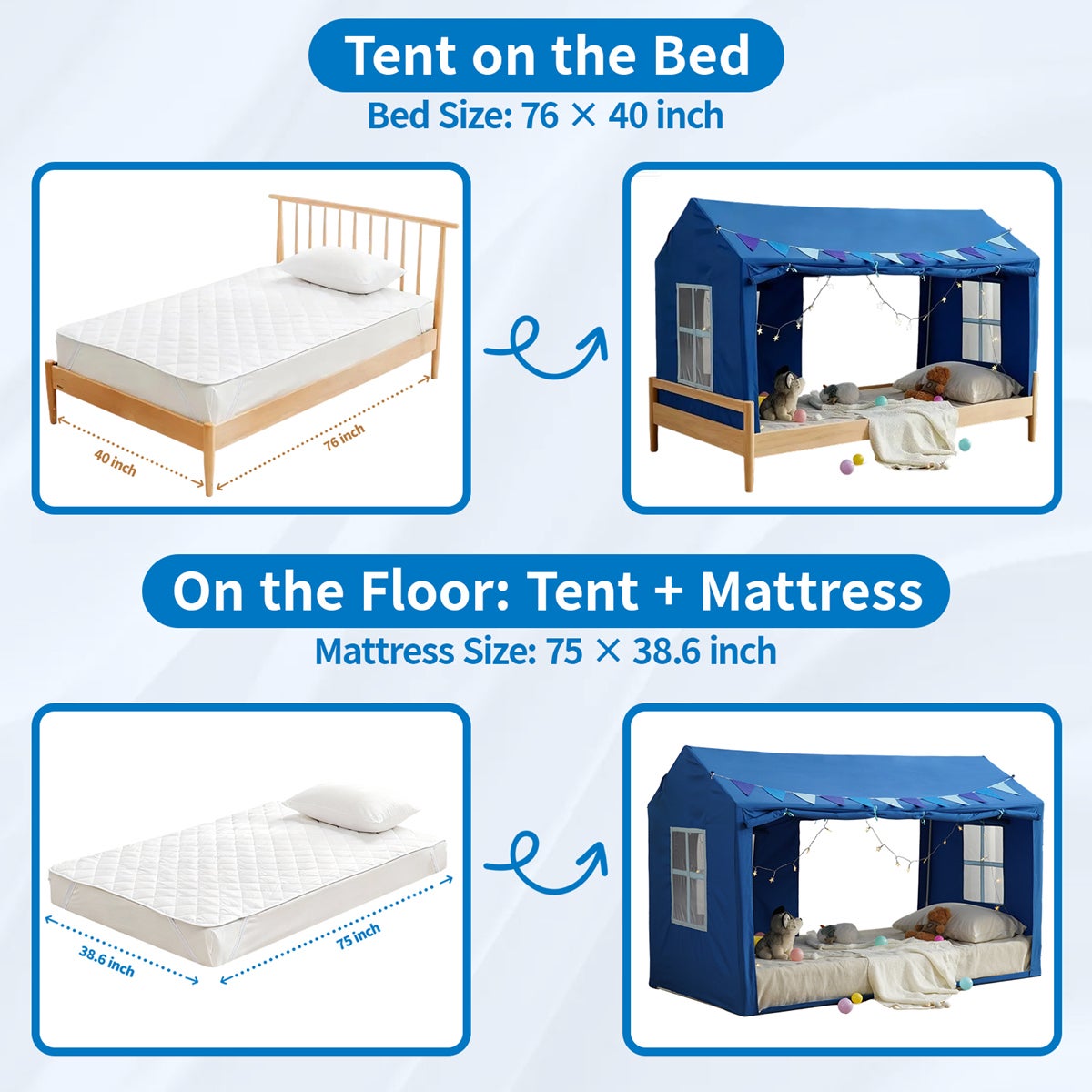 Tente pour lit enfant, cabane princesse avec lumières étoilées, espace privé respirant, tente lecture pour garçons et filles, bleu - 5