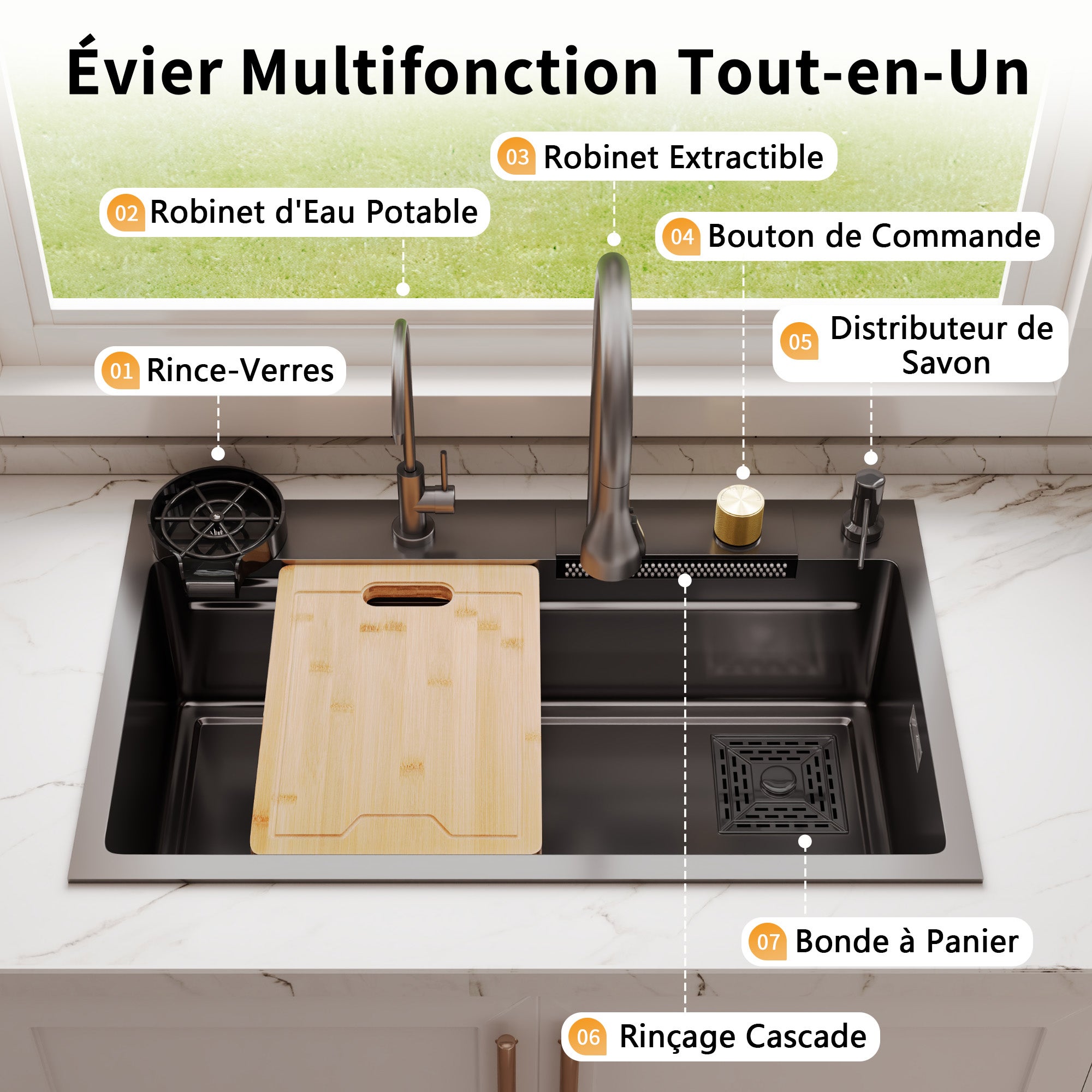 Évier de Cuisine Multifonction Cascade en Acier Inoxydable 304 - 75 x 46 cm - Marque DeerValley - 8