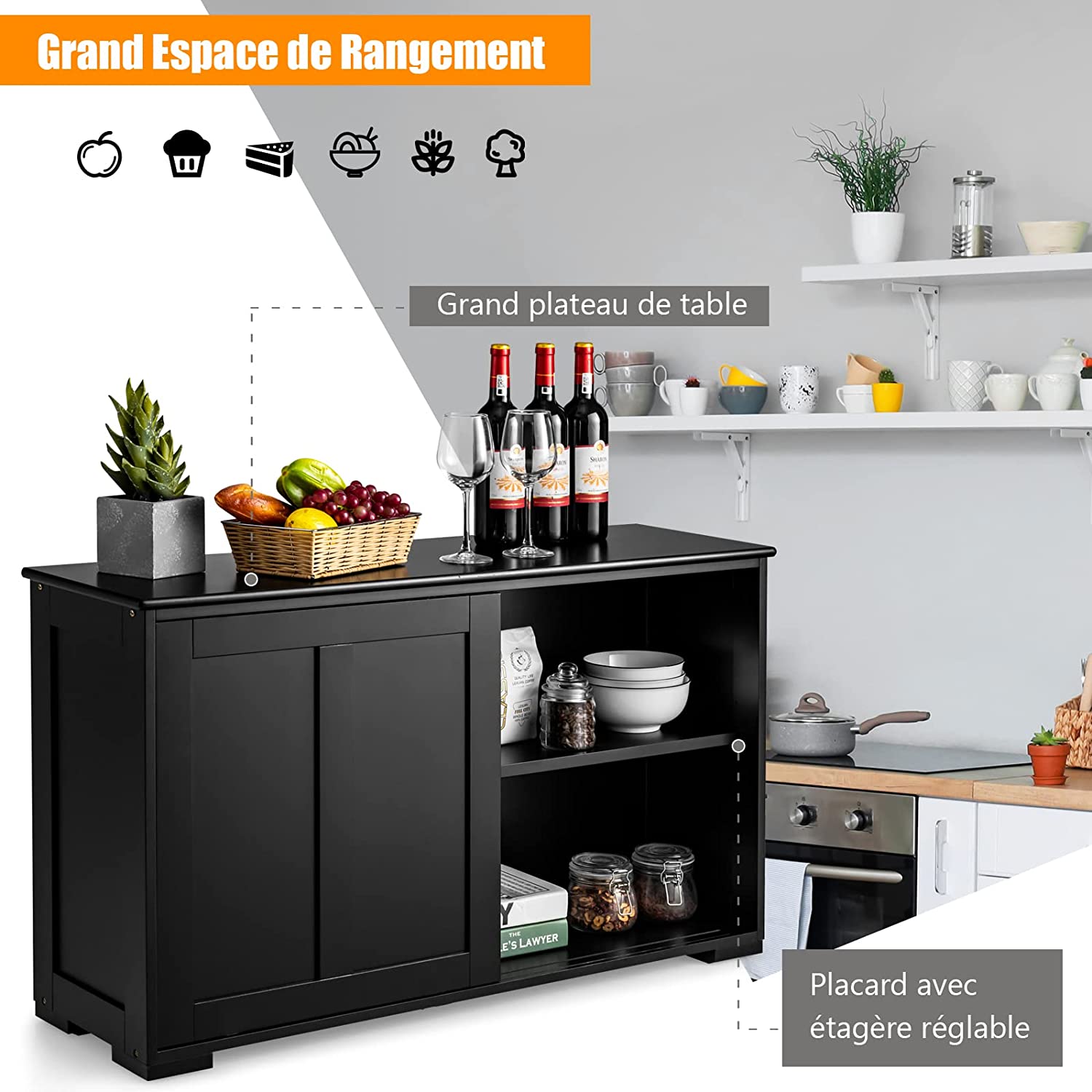 Buffet de cuisine avec porte coulissante, 107 x 33 x 60 cm, buffet bas avec étagère réglable - 4