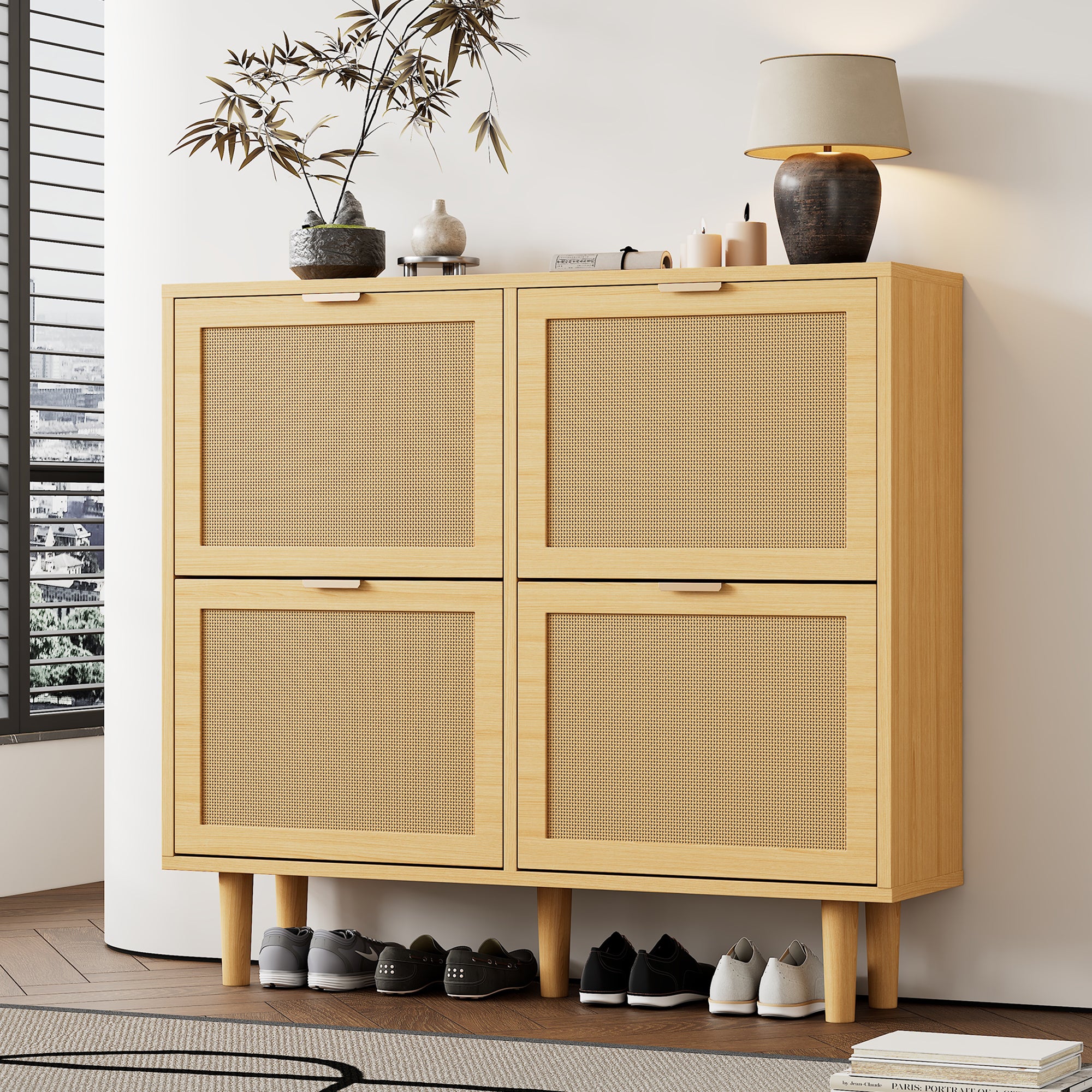 Meuble à chaussures avec 4 portes abatantes en rotin - 100 x 25 x 90 cm - Panneau de particules - Chêne clair - 7