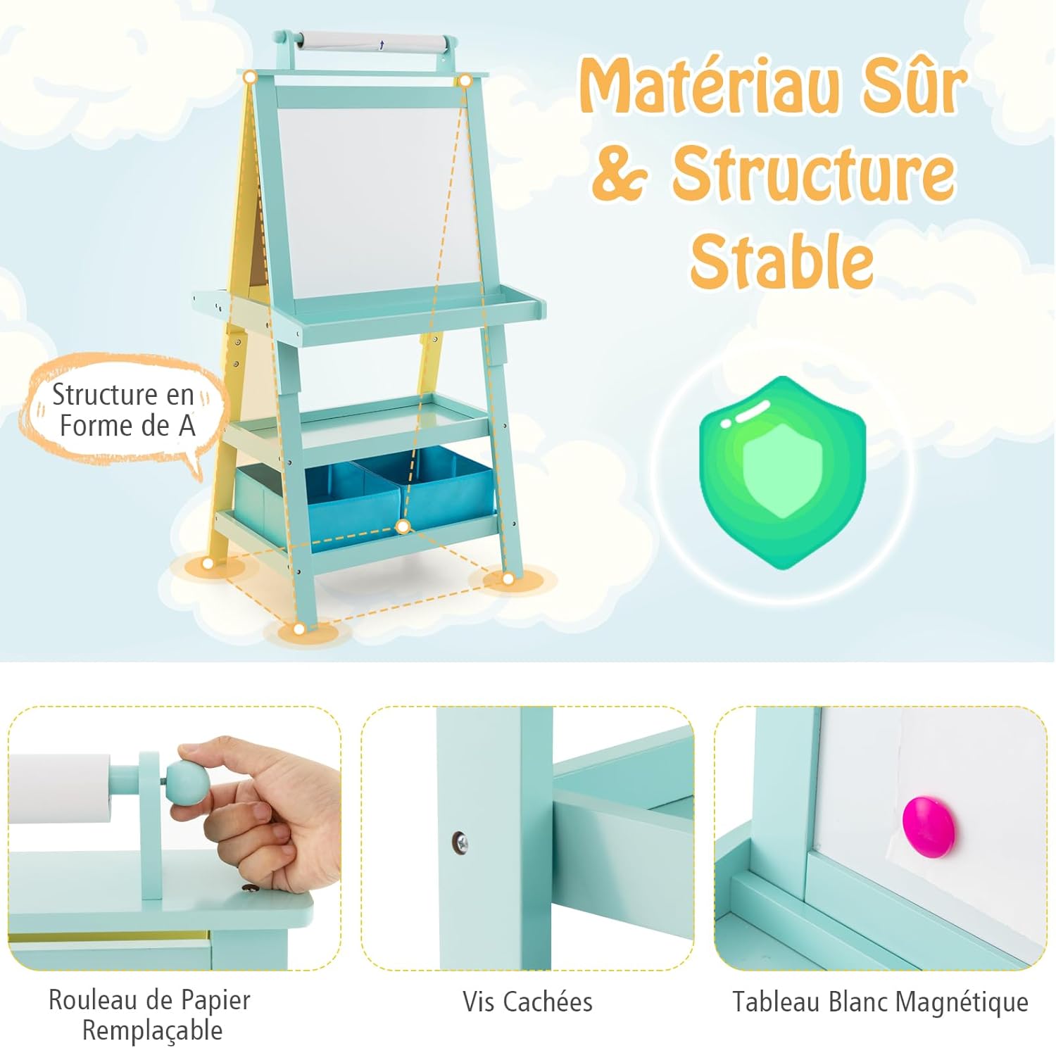 Tableau Enfant Double Face, Chevalet Enfant avec Tableau Blanc/Noir Effacable, Tableau Magnétique, Tableau a Craie pour 3+ Ans, Vert - 2