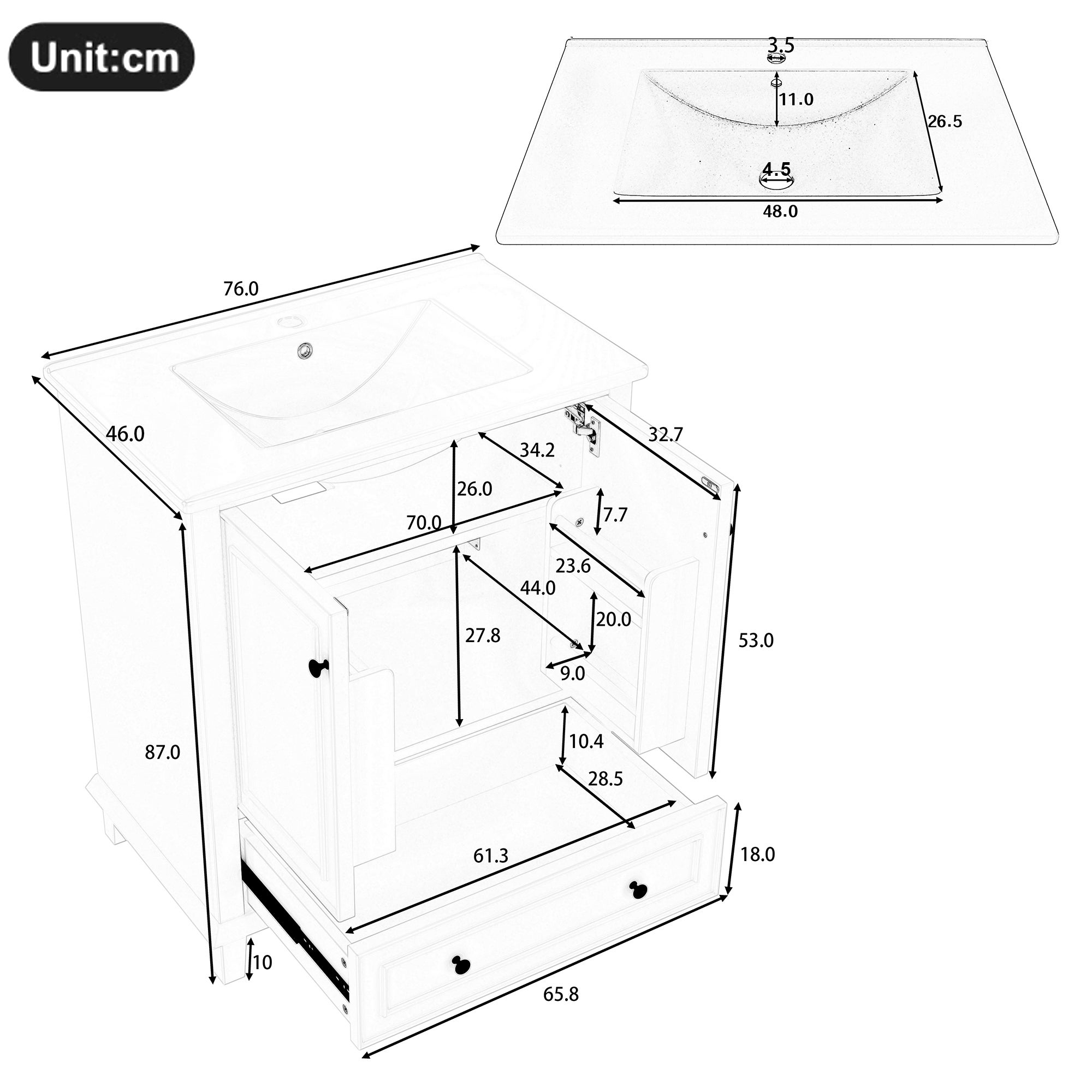 Unitate de baie independentă - cu lavoar ceramic - 2 uși și 1 sertar ...