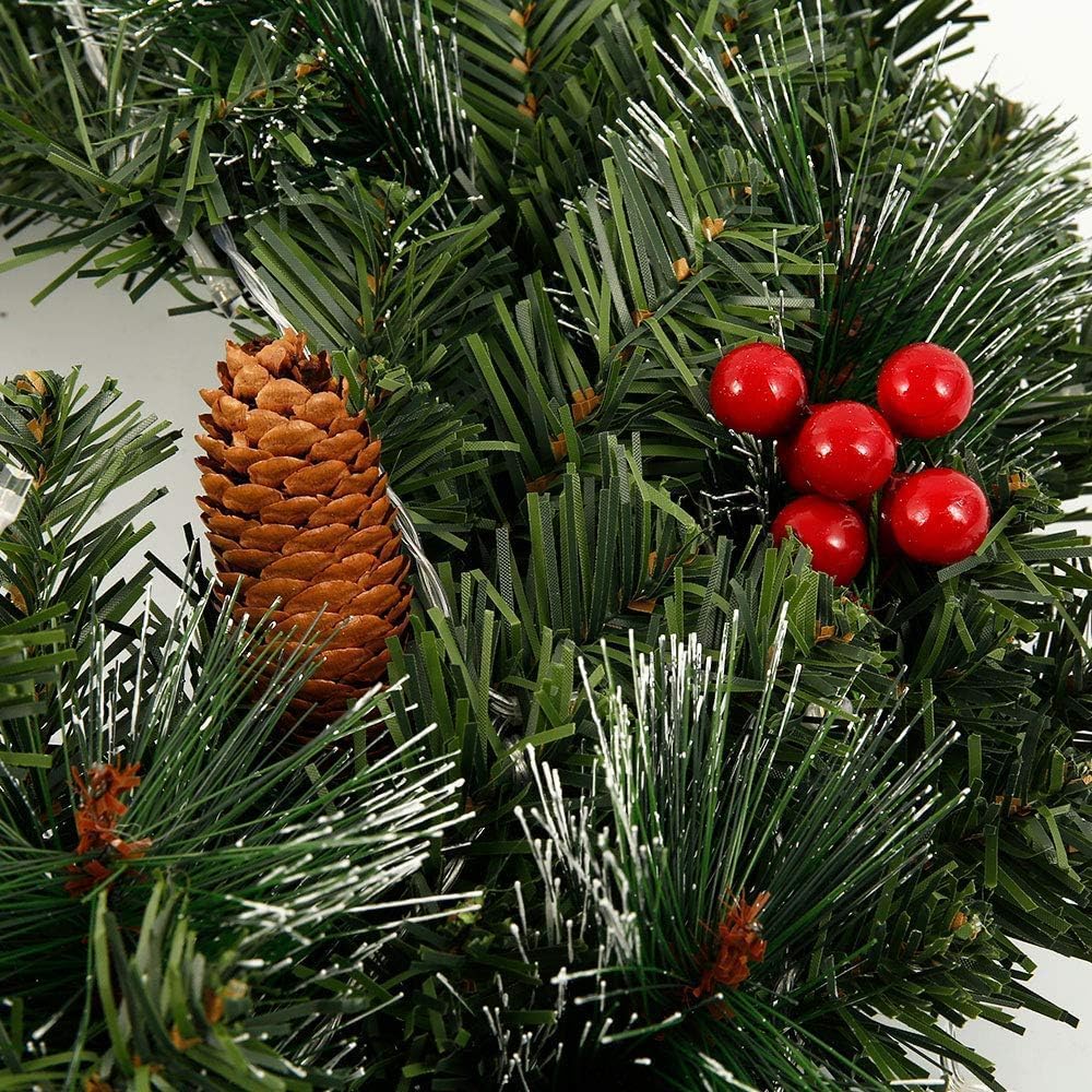 Guirnalda de árbol de Navidad artificial de 180 cm, verde iluminado con piñas y frutos rojos, ideal para decorar chimenea, puerta y escalera. - 5
