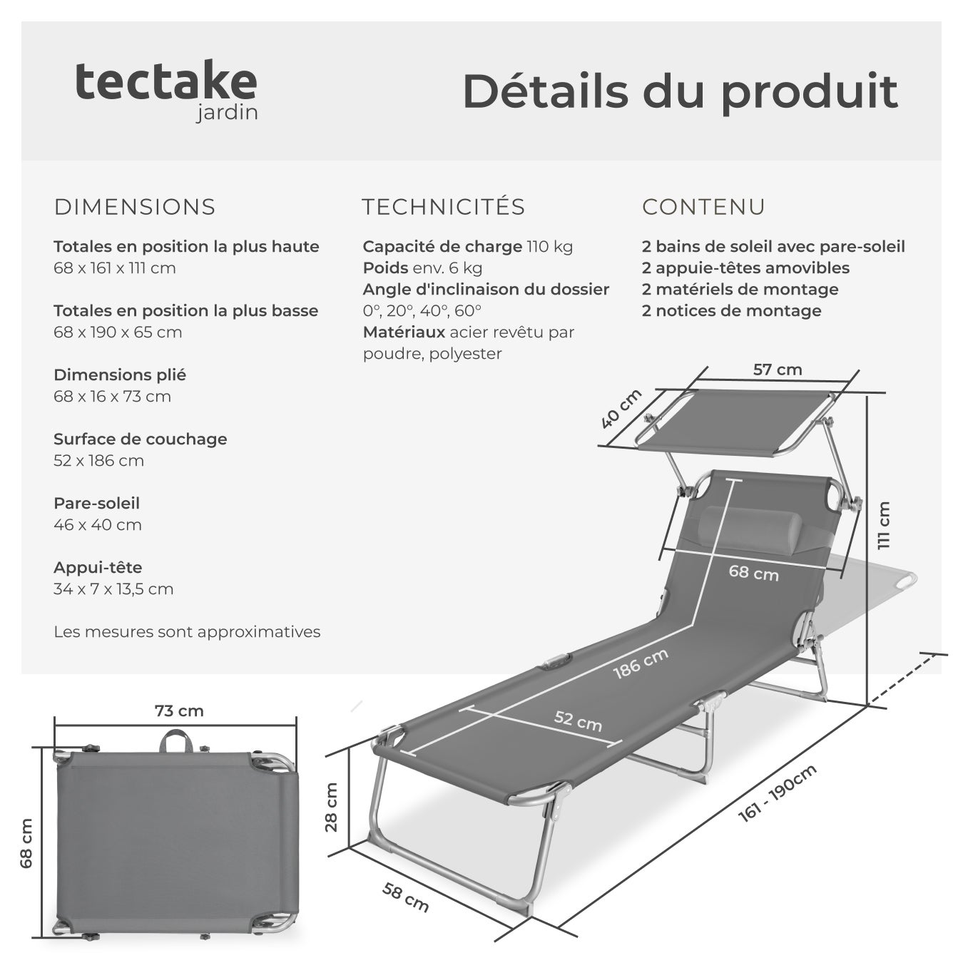 TECTAKE Juego de 2 tumbonas plegable - 6
