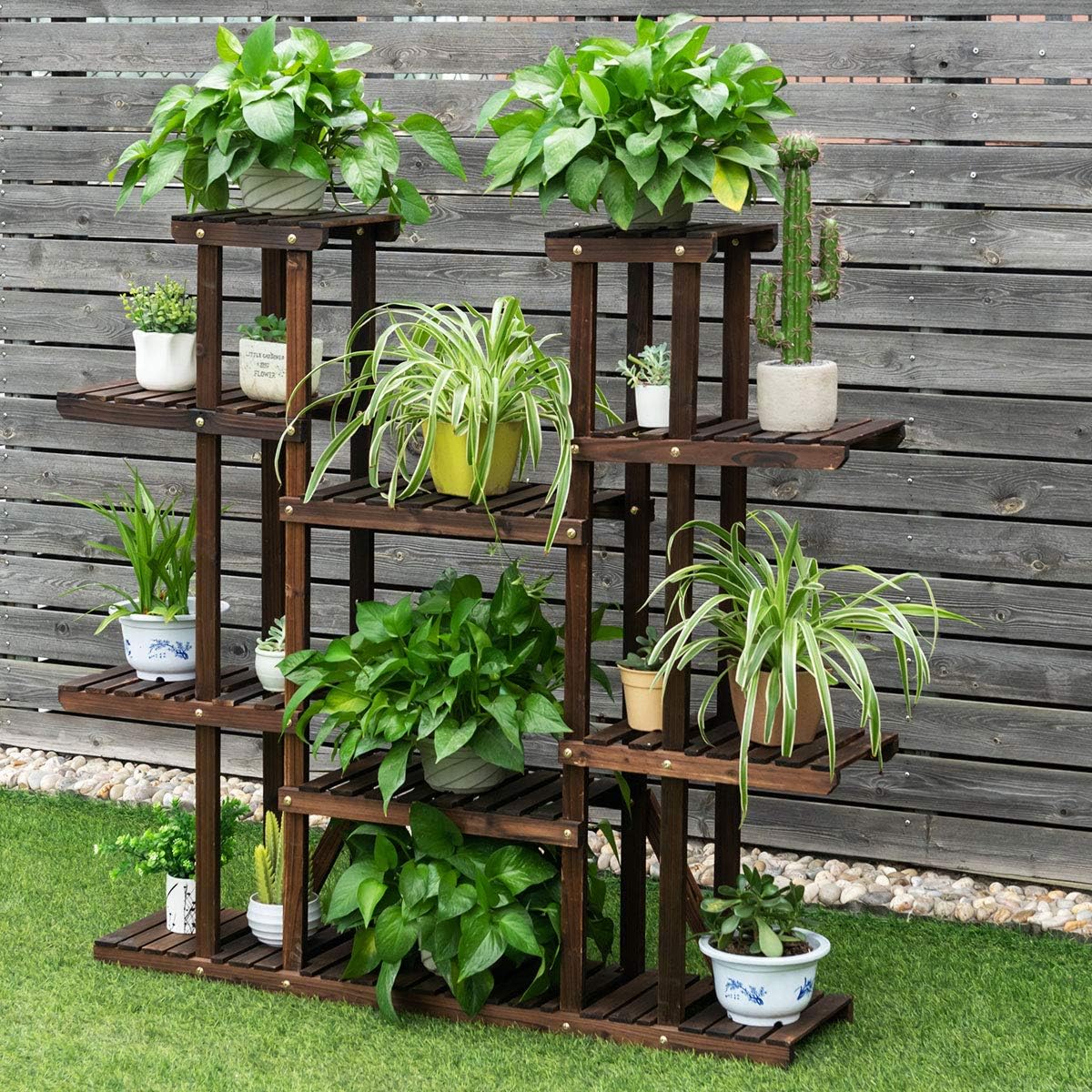 Étagère pour plantes en bois 9 tablettes pour 18 pots 125 x 25 x 114 cm charge 10kg - 8
