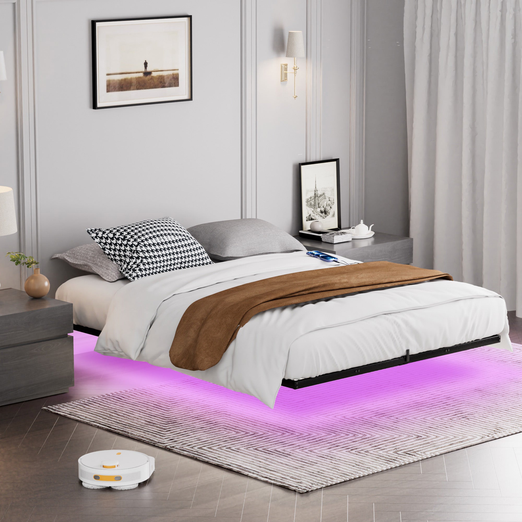 Cama flutuante em metal 160 x 200 cm com iluminação LED, estrado de ripas metálico, iluminado, preto - 2