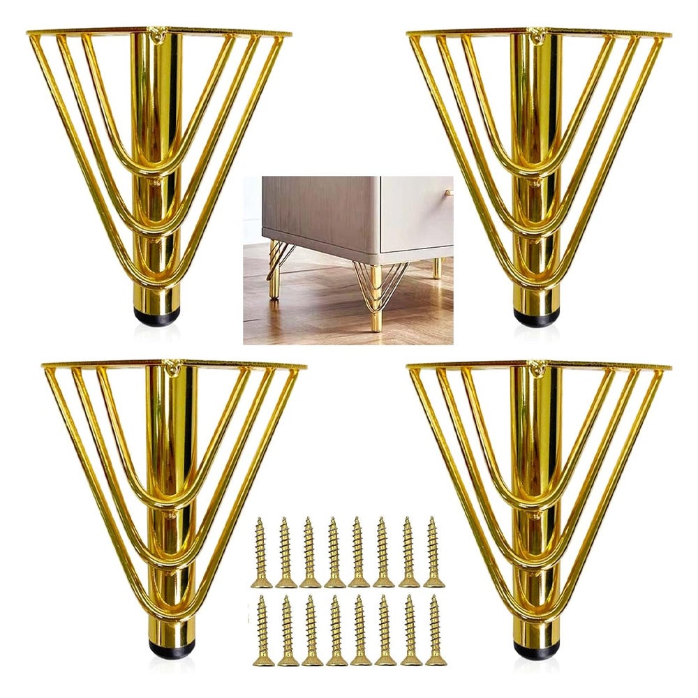 4 złote metalowe nogi do mebli ze śrubami, eleganckie, nowoczesne nóżki do kanapy, 15 cm, ochrona podłogi, cicha, antypoślizgowa podstawa