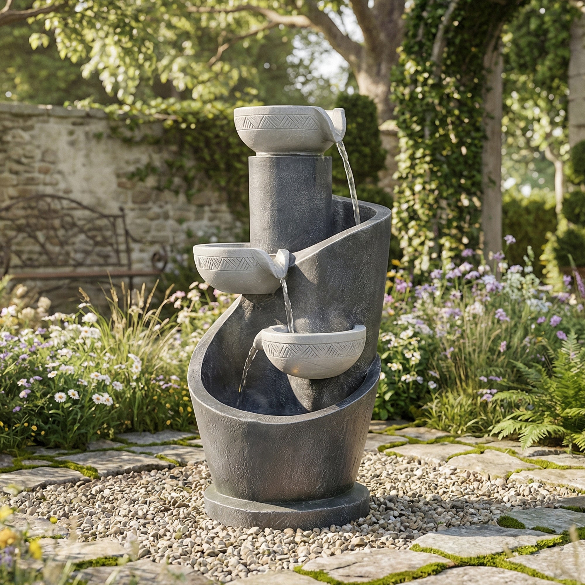 Fontaine de jardin LED décorative avec pompe 4 W - Résine effet pierre naturelle - 25 x 24 x 50 cm - Gris - Idéale terrasse, balcon ou entrée - 2