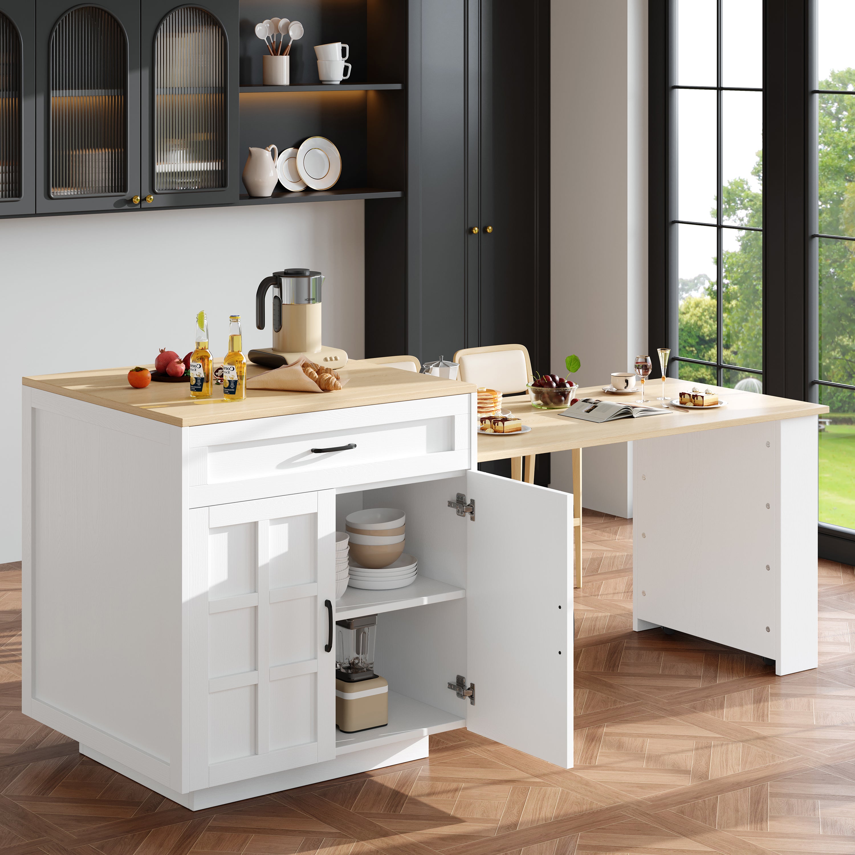 Ilot central de cuisine, table à manger 4 à 6 couverts - 2 tiroirs, 2 portes et étagères - 133/202 x 70 x 93.5 cm - MDF - Blanc - 2