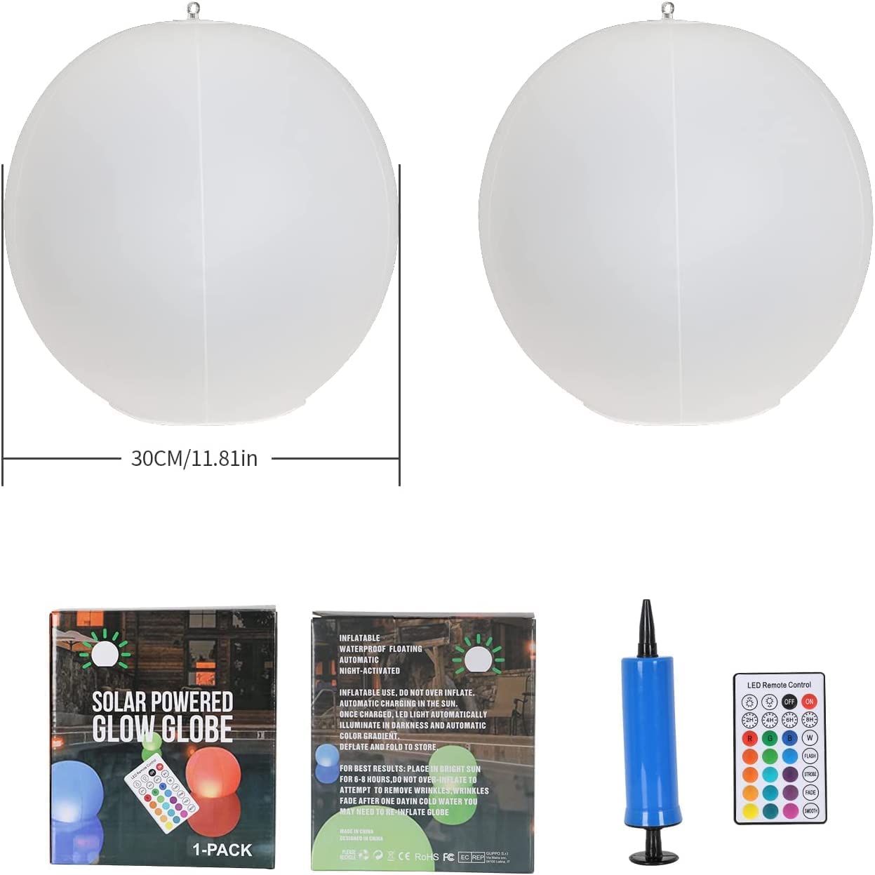 GLAMARIS 2PCS Boules Lumineuses LED Solaires RGB,PVC,Télécommande + Pompe Incluses,4 Modes,Éclairage Extérieur pour Piscine et Jardin,Étanche IP67 - 2