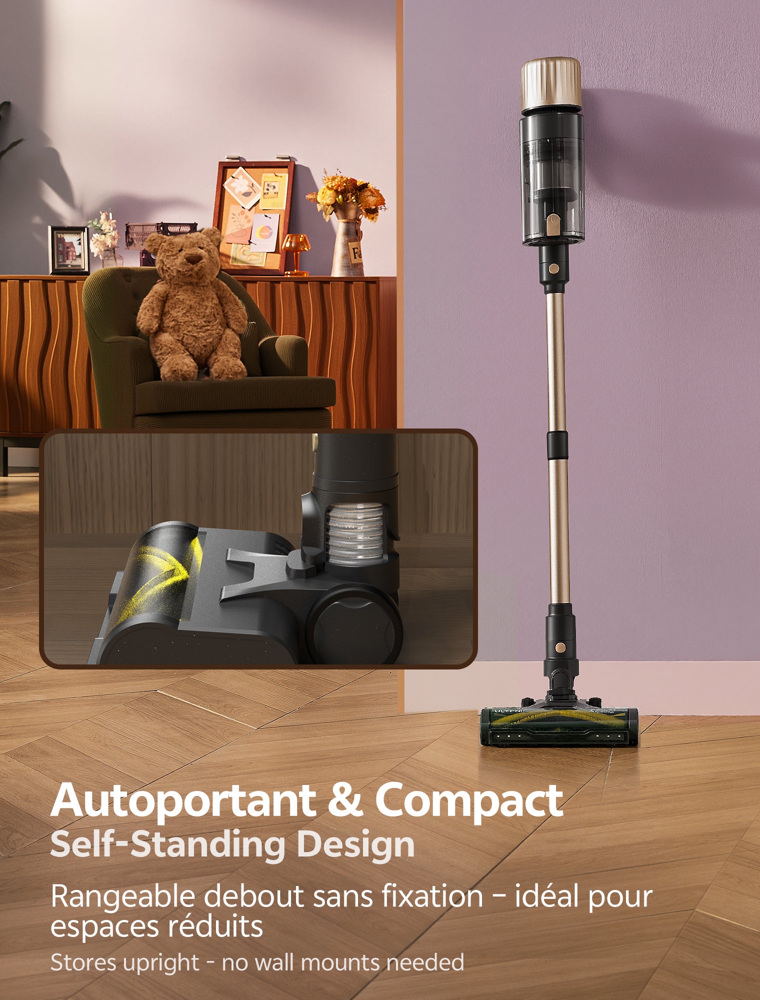 Aspirateur Balai sans Fil, 70min/75KPA, Auto-portant, Greeneye™ Technologie,Tige Télescopique Réglable, Or - 3